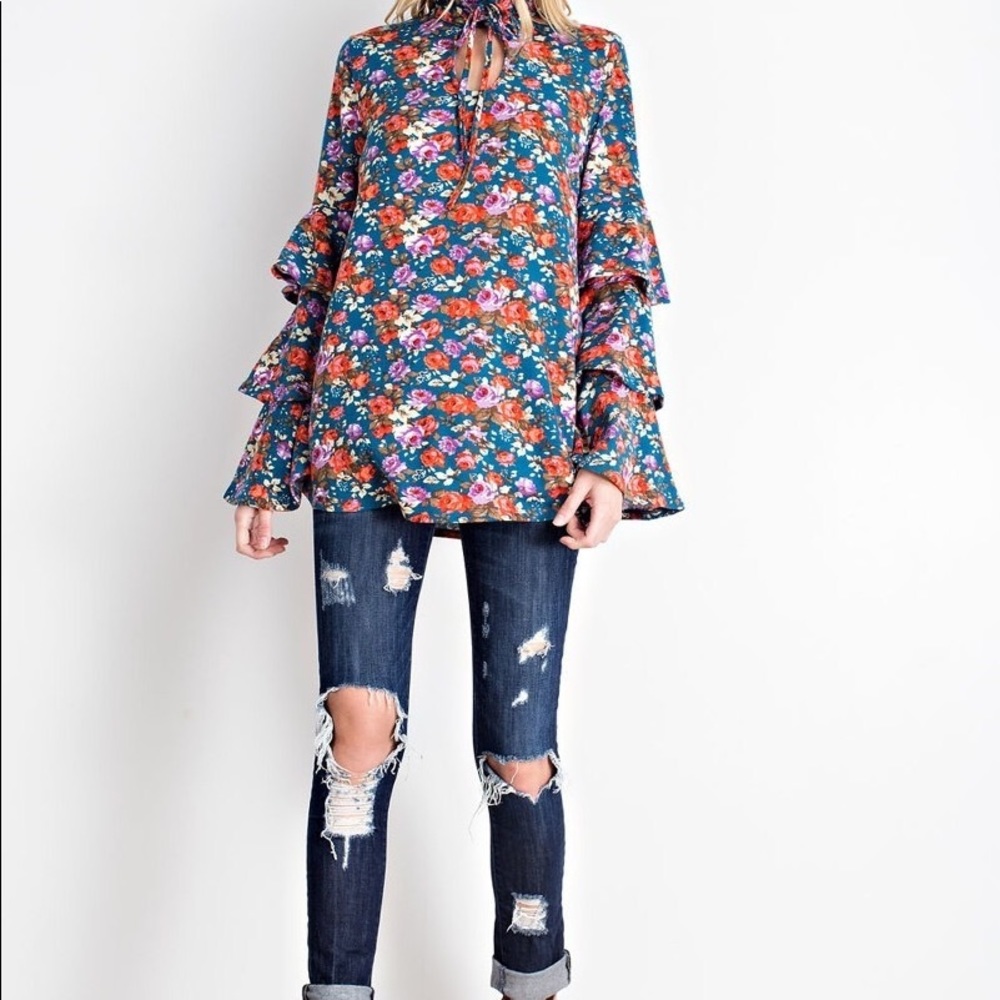 Sale LAST Floral Tunic- FADED TEAL - Picture 4 of 6